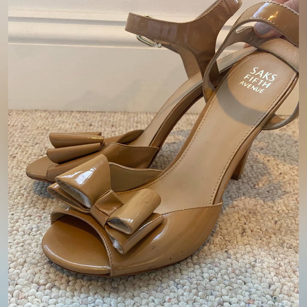 Saks Fifth Avenue Peep Toe Nude Patent Leather Heel
